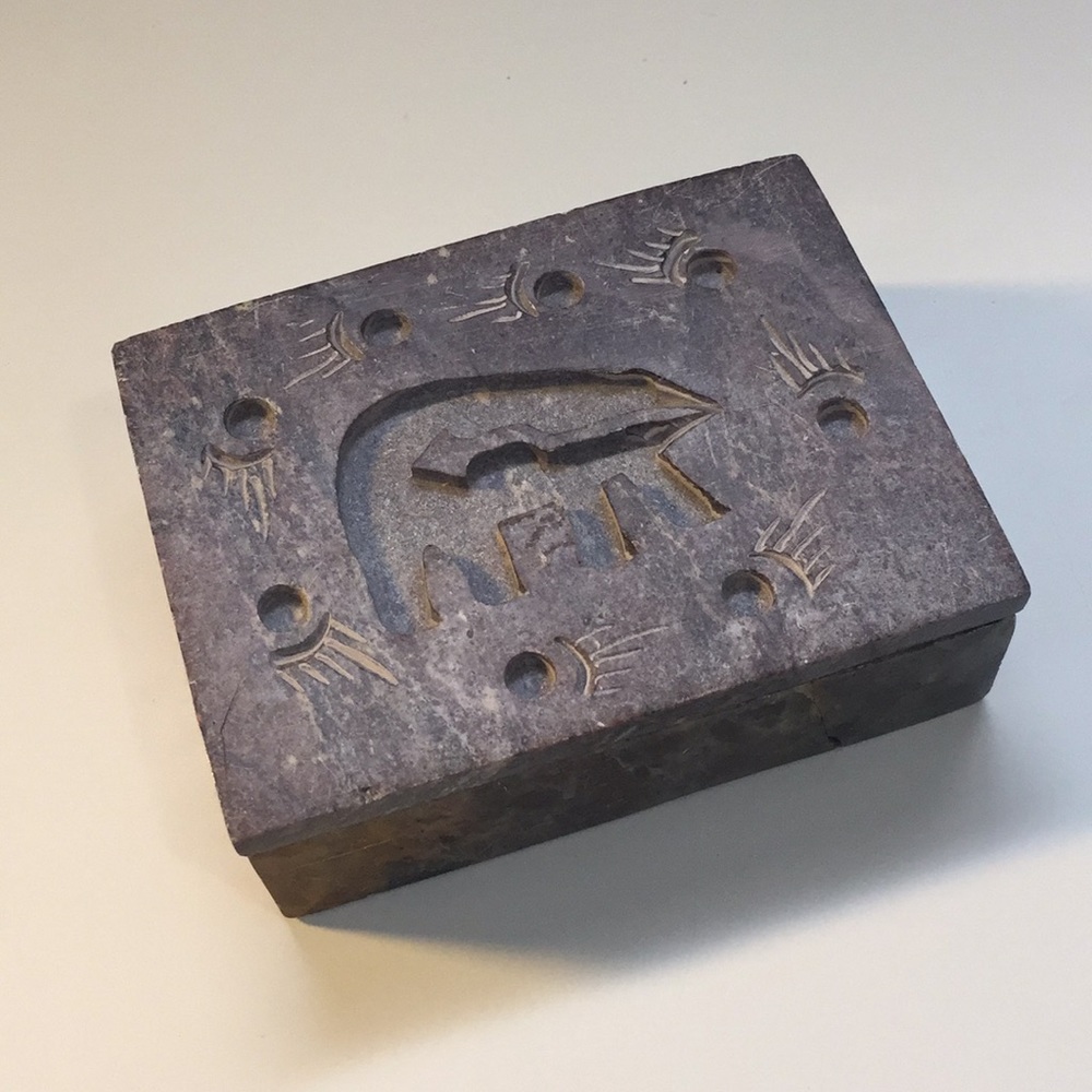 Indian stone trinket box carved bear jewelry box